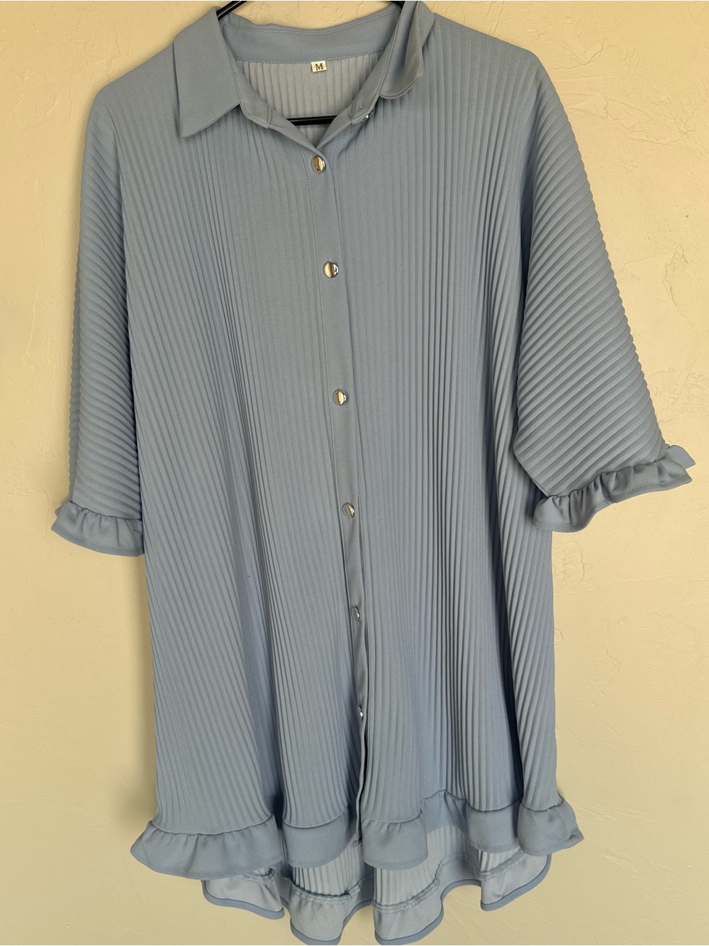 SHEIN Light Blue Pleated Ruffle Hem Button-Down Shirt